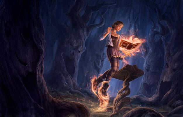 魔术,书,咒语,女孩,森林