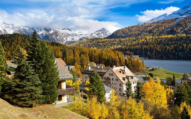 壁纸瑞士,山,圣莫里茨,家,河,秋,森林