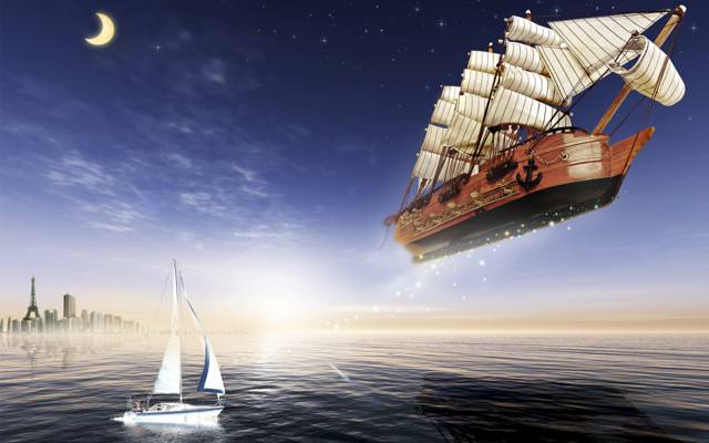 月亮,海,船,游艇,挥发性,帆船