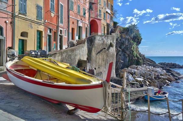海,船,意大利,里奥马焦雷,家,五渔村,湾