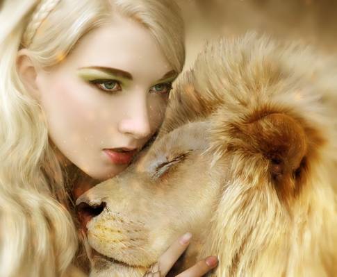 猫,鬃毛,捕食者,女孩,狮子座,拥抱