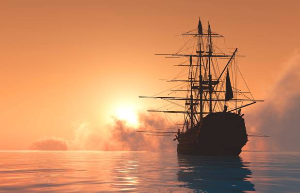 太阳,船,3D图形,帆船,海,剪影,黎明,天空,地平线,桅杆