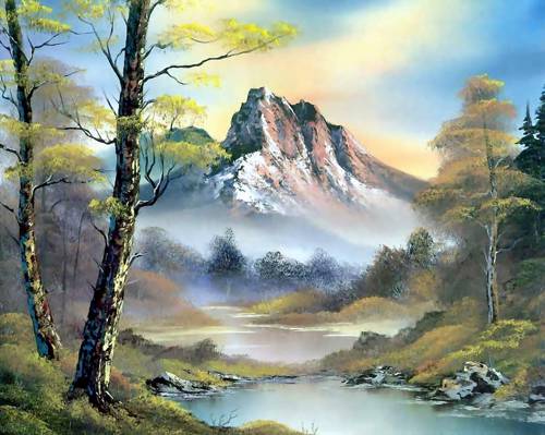 图片,风景,山,自然,树,绘画,鲍勃·罗斯,鲍勃·罗斯,水,云,桦木,天空