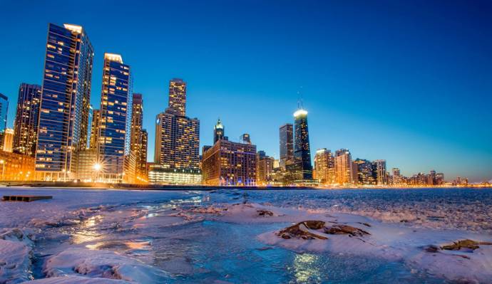 芝加哥,芝加哥,冬天,摩天大楼,夜晚的城市,冰,湾
