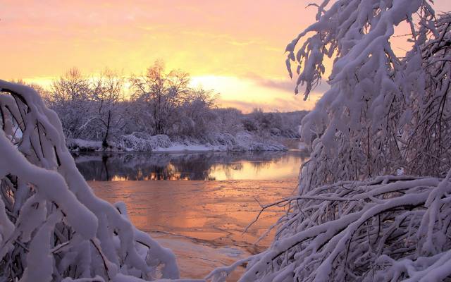 河,冬天,雪,日落