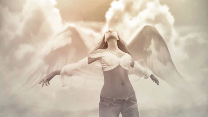 天使,牛仔裤,翅膀,云,女孩