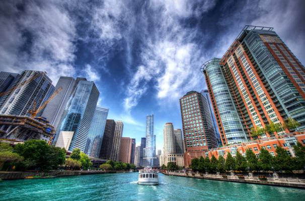芝加哥,hdr,天空,摩天大楼,芝加哥,伊利诺伊州,伊尔,芝加哥河,建筑,船,芝加哥河,...  - 