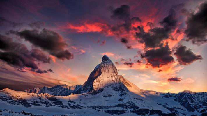 山,阿尔卑斯山,雪,冬天,黎明,景观