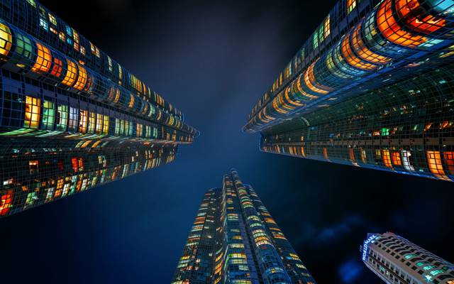 垂直,晚上,摩天大楼,城市,建筑,建筑,灯