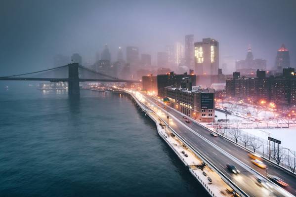 美国,纽约,晚上,晚上,灯光,城市,雾,桥