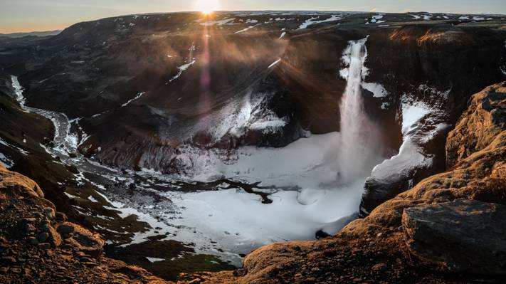 日落,Haifoss,瀑布,冰岛高清壁纸