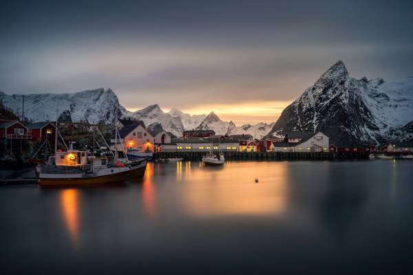 日落,挪威,码头,挪威,家,雪,Hamnoy村,罗弗敦,罗弗敦群岛,海,船,船,...