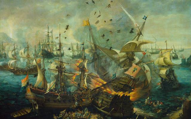 帆,战斗,西班牙旗舰爆炸,Cornelis Claes van Wieringen,油,帆布,船,...