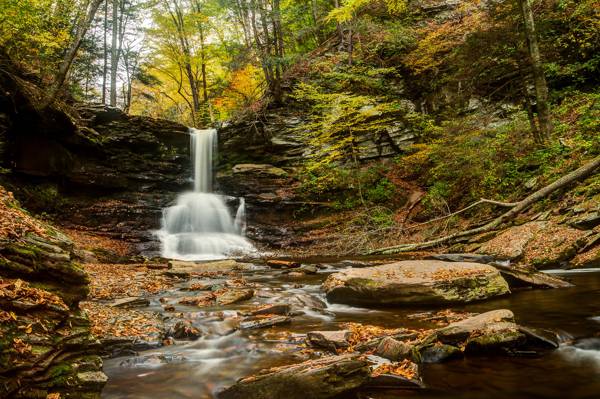 PA,瀑布,宾夕法尼亚州,秋天,谢尔登雷诺兹瀑布,里基茨幽谷州立公园,森林,河流,石头