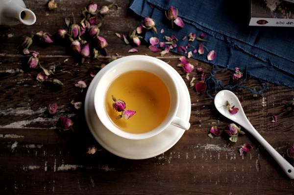 茶,杯,玫瑰,茶碟,干,粉红色,白色,勺子