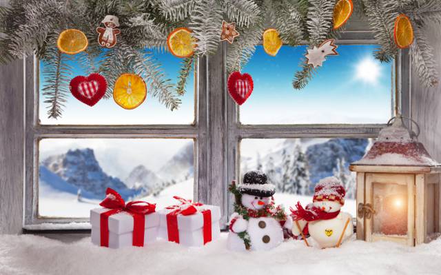 圣诞节,新年,礼物,雪,窗口,雪,冬天,圣诞快乐,灯笼,装饰,圣诞节,窗口,圣诞节,...