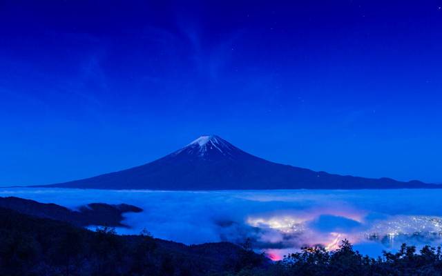 山,火山,灯,景观,夜晚,富士,日本