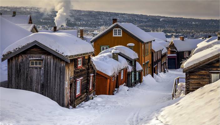 村庄,挪威,冬天