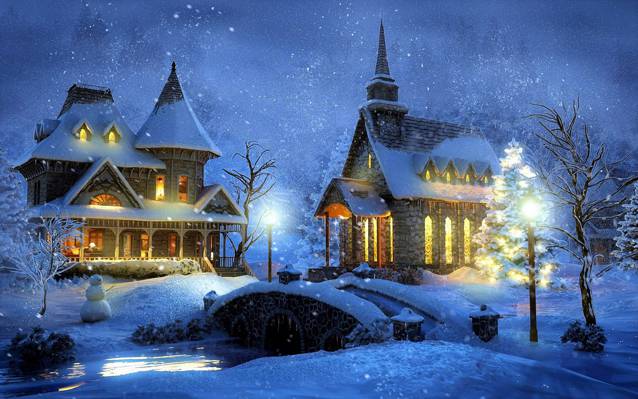 桥,雪,夜,冬天,家,灯,托马斯Kinkade