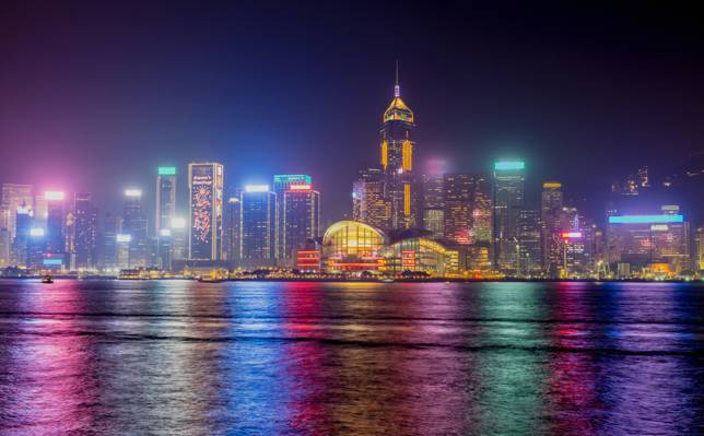 夜,城市,家,海岸,香港,中国
