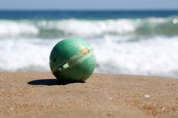 绿色塑料球在白天高清壁纸水附近的沙子上的浅焦点摄影