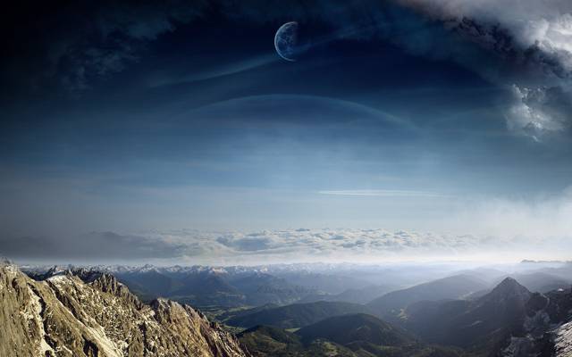 行星,视图,山,艺术,梦幻般的世界,云,景观