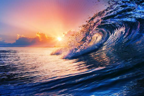 波,波,蓝色,海,海,飞溅,水,海洋,海洋,天空,日落