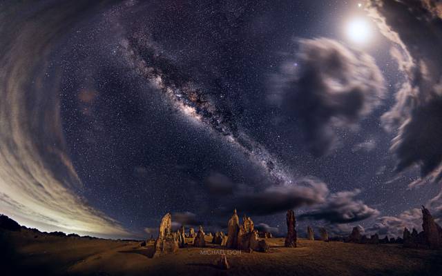 壁纸国家公园Nambung,西方,全景,澳大利亚,夜晚,银河,天空,岩石,星星