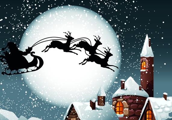雪橇,圣诞老人,礼物,雪,屋顶,新年除夕,月亮,鹿