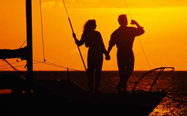 海,对,游艇,浪漫,爱,日落