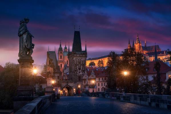 这座城市,捷克桥,布拉格,晚上,灯火通明