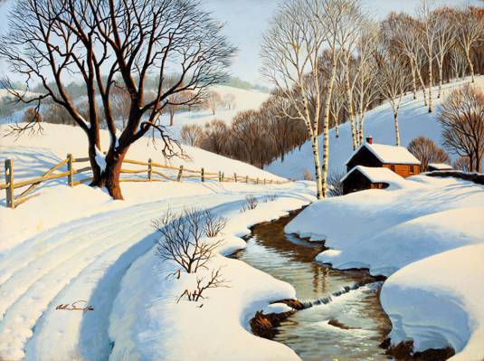 冬天,路,树,绘画,亚瑟·萨隆萨尔诺夫,房子,桦木,流,冬季毯子,河