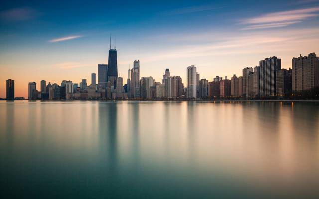 芝加哥,全景,摩天大楼,反射,伊利诺伊州,岸,城市,海洋