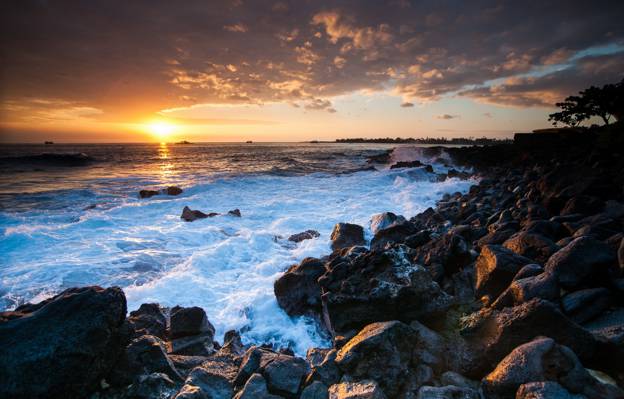 夏威夷,海洋,夏威夷,海岸,石头,日落