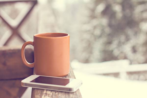 热,杯,雪,盅,智能手机,冬天,咖啡