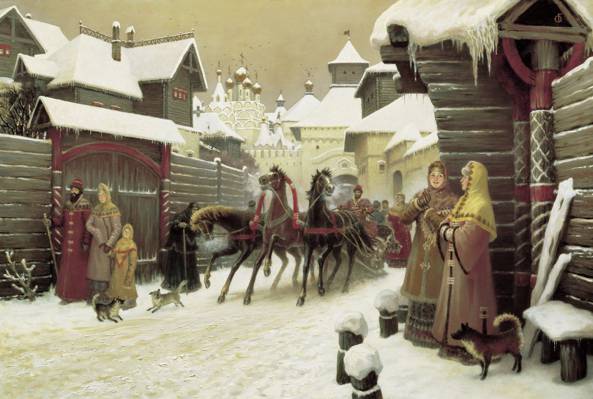 鲍里斯OLSHANSKY,俄罗斯妇女,十七世纪的城市街道,笨蛋,寺庙,马,2004年,教堂,雪橇