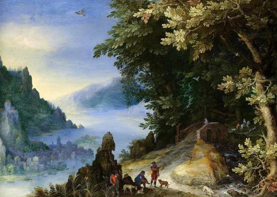 岩石的河流景观与旅客,Jan Brueghel老人,图片