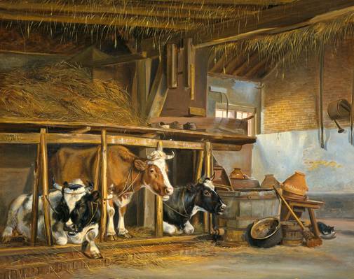 在谷仓奶牛,扬范拉文斯韦,油,画布,图片,动物