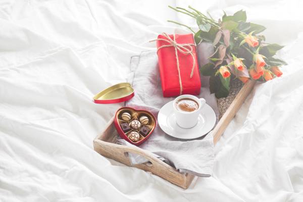 早餐,心,爱情,情人节那天,玫瑰,礼物,咖啡,浪漫,玫瑰,巧克力,糖果
