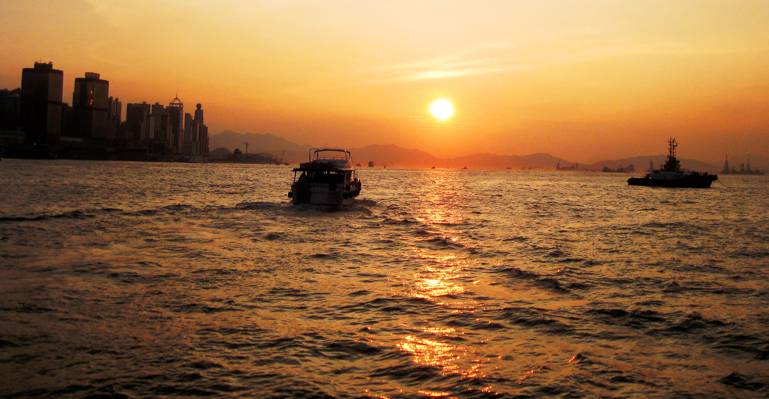 在橙色的天空,香港高清壁纸下的船