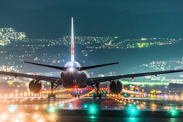灯,机场,夜间,大阪,飞机,日本