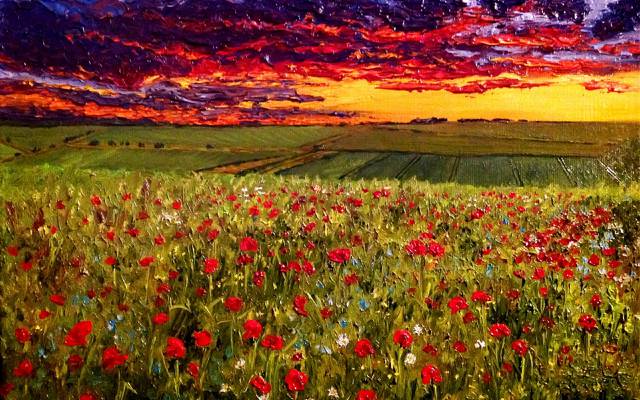 Picture, oil, artist O. Katz., "the Evening sky over a poppy field", canvas