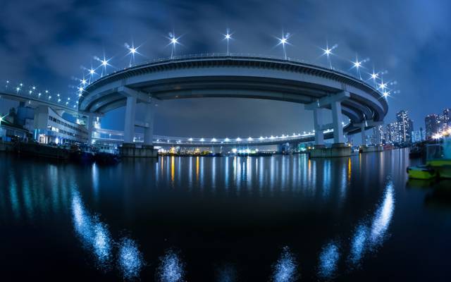 灯,桥,夜晚,城市,日本