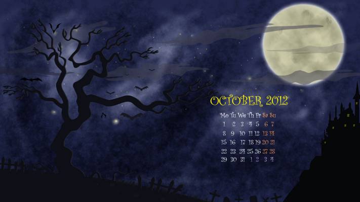矢量,万圣节,编号,万圣节,树,十月,月亮,日历,晚上,图,一个月,十月,公墓