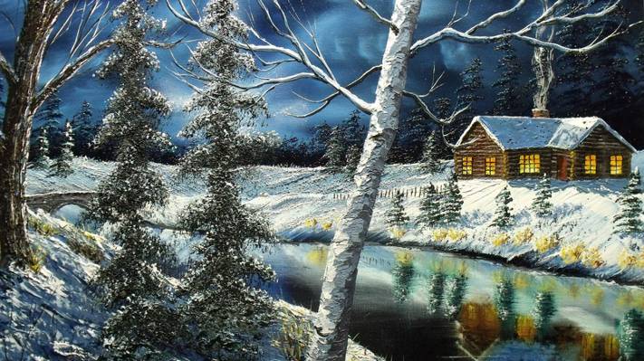 Wallpaper帆布,反射,冬天,树,绘画,Windows,河,房子,天空