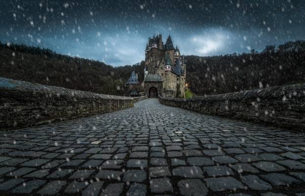 德国,城堡Eltz,雪,冬天