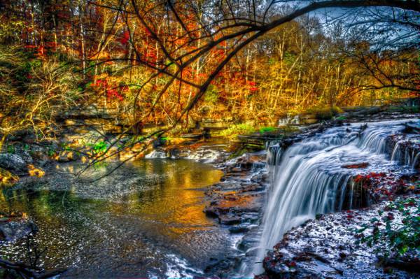 瀑布,树木,黄 - 红 - 绿,叶子,秋天,森林,河流,石头