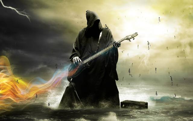 死亡,骷髅,水,天空,电吉他