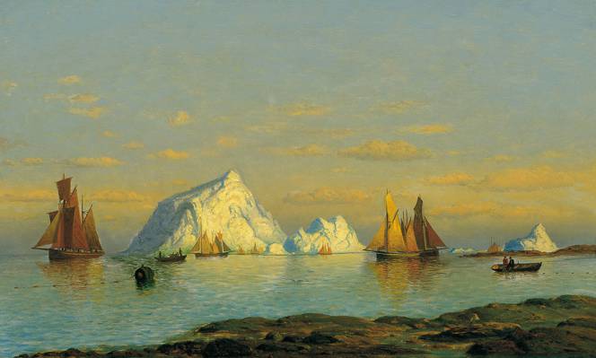 图片,船,船,威廉·布拉德福德,拉布拉多海岸的渔民,冰山,海景,帆