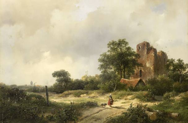 景观与城堡Brederode在Santpoor,安德烈亚斯Schelfhout,石油,图片,树木的废墟